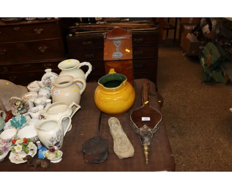 A vintage candle box; a large pottery jug by C.H. Branham of Barnstaple; a pair of elm bellows; metal chestnut roaster etc. 