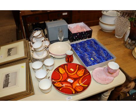 A Poole pottery plate; a quantity of Royal Chelsea bone china tea ware; a boxed set of cut glass sherry glasses etc.
