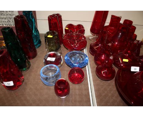 Two Whitefriars style heavy ruby glass bowls; two similar style vases; various bubble glass bowls, vases etc.  