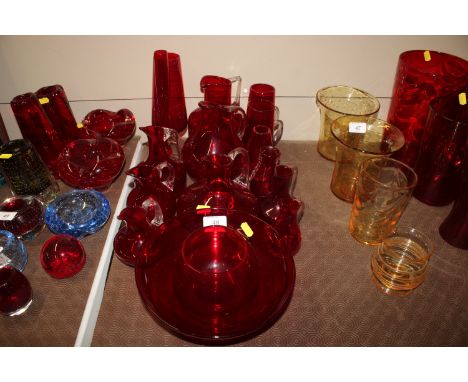 A collection of Whitefriars style ruby glass jugs, vases, bowl etc. 