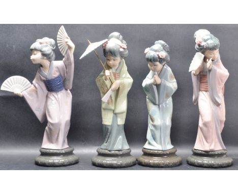 Set of four Spanish ceramic porcelain Geisha girl figurines by Lladro. The collection comprising of Japanese White Fan - 4991