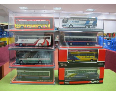 Eight Corgi 1:76th 'OO' Scale Diecast Original Omnibus Vehicles, including #42713 Van Hool Alizee 'Clarkes of London', #OM433