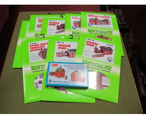 Nine 'N' Gauge Cardboard and Plastic Lineside Buildings Kits by Metcalfe, Peco, including engine shed, country station, goods