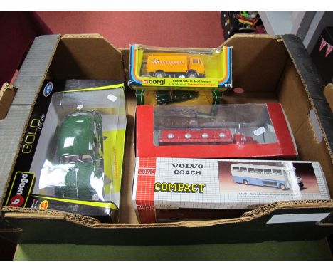 Five Diecast Boxed Vehicles, includes Corgi #50901 Mack Tanker, Joal Volvo Coach and Burago VW.