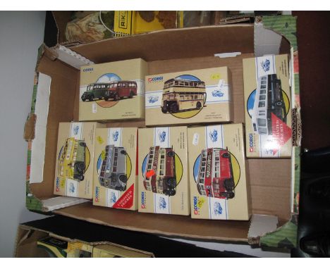 Eight Diecast Corgi Classic Buses in Seven Boxed Packs, includes #97827 Sheffield Daimler.