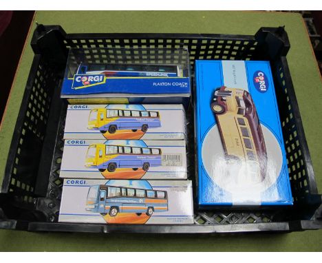 Five Boxed Corgi Diecast Coaches, including #97189 AEC Regal Coach, #91914 Plaxton Coach, #91918 Plaxton Paramont (Southend).