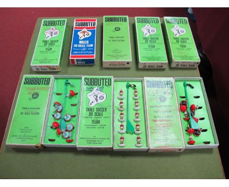 Eight Subbuteo Teams Including England, Brazil, Arsenal, Wales among others, all playworn, some reglued. all boxed, damage, w