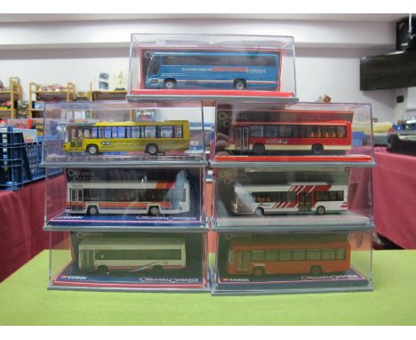 Seven Corgi 1/76th Scale "OO Railway" Diecast Buses, all boxed, includes #43804 Shearings Plaxton.