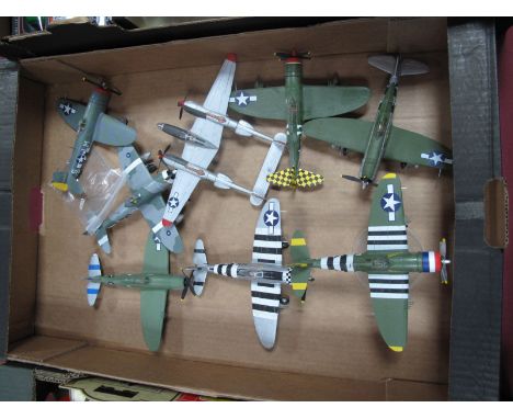 Eight Diecast WWII American Fighter Model Aircraft, by Corgi and other including P47 Thunderbolt, P38 Lightning. All models h