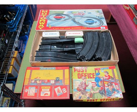 A Marx Motorway Track Set, with two tin clockwork cars, boxed, and a Post Office Set, boxed. 
