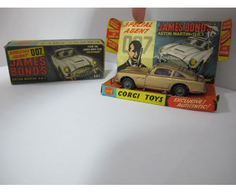 Corgi Toys No. 261 James Bond Aston Martin DB5, in gold. Overall fair/good. some wear. Boxed, crushing to inner tray, small t