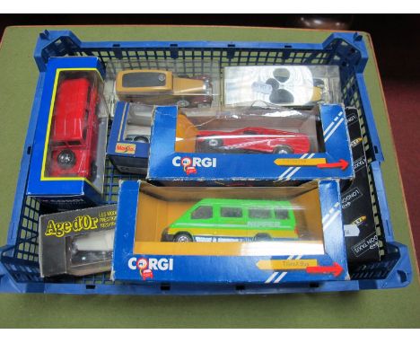 Eight Diecast Vehicles by Corgi, Solido, Maisto, including Corgi #C676/12 Transit Bus, Solido Cadillac 85, Solido #4037 Packa