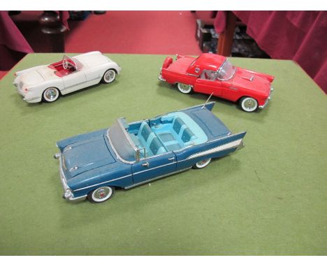 Three Highly Detailed Diecast American 1950's Model Cars, by The Danbury Mint, Franklin Mint, including 1956 Ford Thunderbird