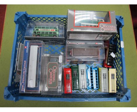 Six Cased Corgi 1:76th Scale Diecast Original Omnibus, including #OM45701 AEC Q double deck bus - London transport, #97814 AE