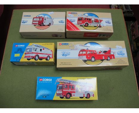 Five Boxed Corgi Diecast Model Fire Service Vehicles, including #21901 St. Helens Fire Brigade Leyland Emergency Tender Set, 