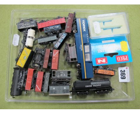 Twenty One 'N' Gauge Rolling Stock Plank Wagons, Tankers, Vans, by Bachmann, Tomix, Graham Farish, Fleischmann including Tomi