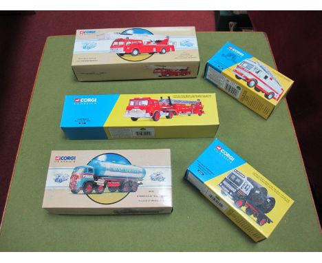 Five Corgi Classics Diecast Lorries and Fire Vehicles, including #97392 West Glamorgan 20th Anniversary Dennis, all boxed, un