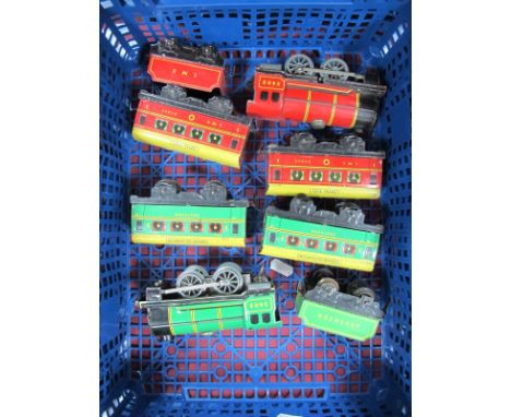 Two Mid XX Century 'O' Gauge Tinplate Clockwork Trains by Chad Valley, one LMS, One Southern. Both with engine, tender and tw