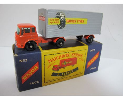 A Matchbox Major Pack No. 2 Bedford Tractor and York Trailer, 'Davies Tyres', black fine tread variant. Very good plus, boxed