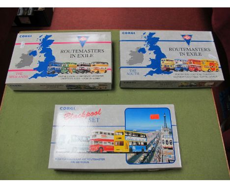 Eleven Diecast Corgi Buses in Three Boxed Sets, including Routemasters with East Midlands and Blackpool Transport.