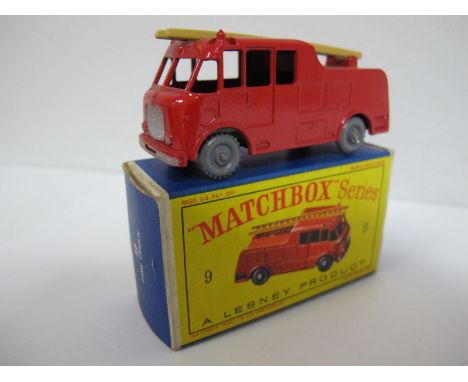 Matchbox 1-75 Regular Wheel No.9 Merryweather Fire Engine, red/tan ladder, grey plastic wheels, rounded axles, very good plus