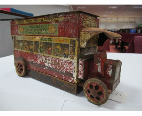 A 1920's Crawfords Biscuit Tin, in the form of a double decker bus by Barringer, Wallis and Manners, complete with lid, wheel