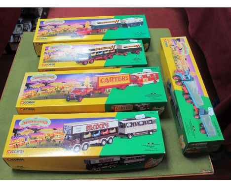 Five Boxed Corgi 'The Showman's Range' Diecast Vehicle Sets, including #16501 Scammell Highwayman Ballast with closed pole an