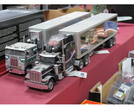 Two Franklin Mint 1:32nd Scale Outline American Diecast Trucks and Refrigerated Trailers, including 1979 Freightliner, Peterb