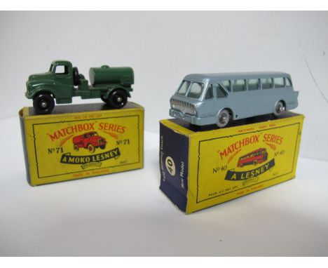 Two Matchbox 1-75 Regular Wheels No 40 Long Distance Coach, silver plastic wheels, and no 71 Army Water Truck, both very good