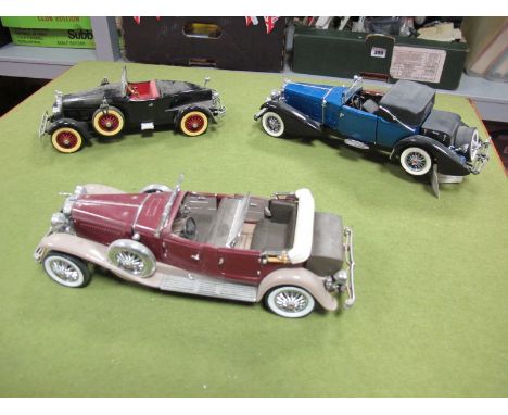 Three Outline American Diecast 1:24th Scale Model Cars, by Franklin Mint, The Danbury Mint, 1927 Stutz Black Hawk, 1930 Dusen