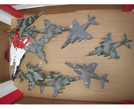 Nine Corgi Diecast Model RAF Jets, including Harrier, Jaguar, Tornado. All models have been displayed, small parts may be mis