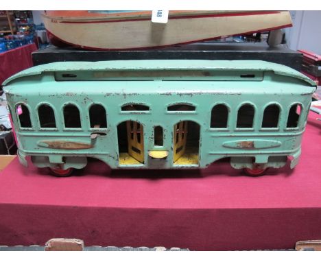 A Mid XX Century Pressed Steel American Model of a Single Deck Tram, push along, electric light, opening doors, bell; fair, a