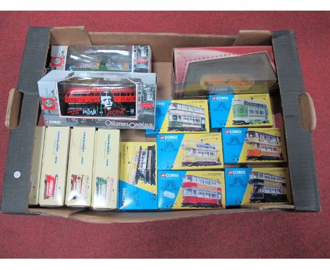 Fourteen Corgi Diecast Trams, boxed, unused, including # 36701 London Transport.