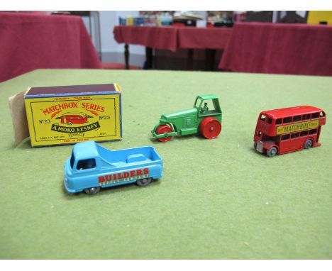 Three Early Regular Wheel Matchbox 1:75's, No. 5 London bus, grey plastic wheels, No. 1 road roller, Commer builders van. All