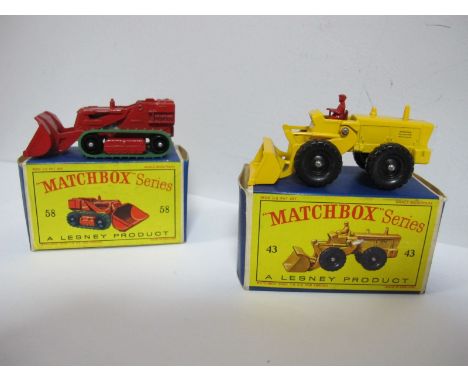 Two Matchbox 1-75's Regular Wheels, No.43 Aveling - Barford tractor shovel, yellow, red driver plus no. 50 Drott Excavator, r