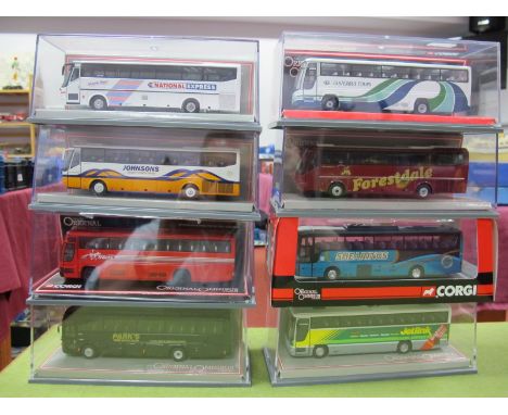 Eight Corgi 1:76th 'OO' Scale Diecast Model Original Omnibus Coaches, including #45302 Bova Futura-Johnson's Coach Travel, #4