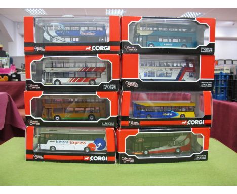 Eight Corgi 1:76th 'OO' Scale Diecast Model Original Omnibus Vehicles, including #OM41204 Wright Bus Eclipse Gemini - Harroga