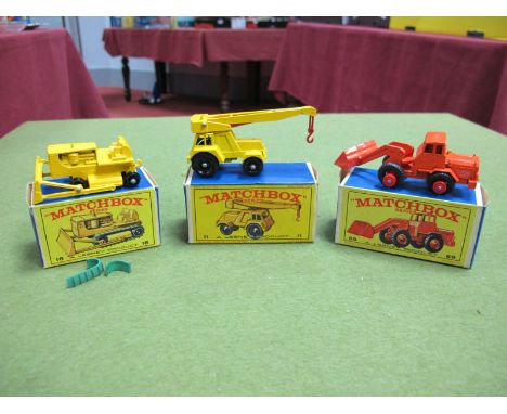 Three Matchbox 1:75's Regular Wheel, No. 11 Jumbo Crane, yellow weight box, No. 18 Caterpillar Dozer (62mm), black rollers (m