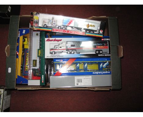 Eleven Diecast Commercial Vehicles, by Corgi, Shinsei, including Corgi #59503 Scania Curtainside Trailer 'Eddie Stobart Ltd',