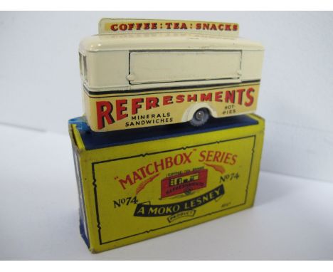 Matchbox 1-75 Regular Wheel No 74 Mobile Refreshments Bar, cream body, light blue base, grey plastic wheels, slight rub mark 