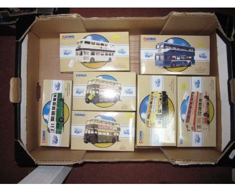 Seven Diecast Corgi Classics Buses, all boxed including #97230 Ribble Atlantean "Gay Hostess".