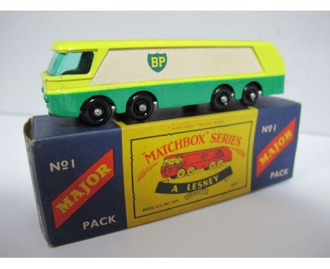 A Matchbox Major Pack No. 1 BP Petrol Tanker, smooth black plastic wheel variant. Overall very good, one chip noted. Boxed, b