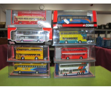 Eight Corgi Original Omnibus 1/76th Scale "OO Railway" Diecast Buses, all boxed, includes #OM45907 Shearing Van Hool.