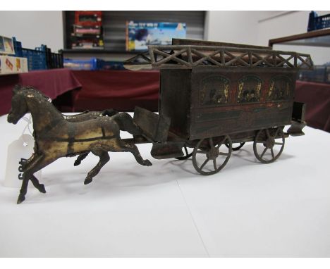 A Late XIX Century Tinplate Model of a Two Horse Drawn Four Wheel Omnibus, double decker with top open and centre seat, missi