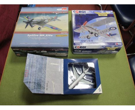 Three Boxed Diecast Model Aircraft, Hobby Master 1:48th scale # Ha7101 Spitfire Mk XIVE, appears undamaged, displayed, Corgi 