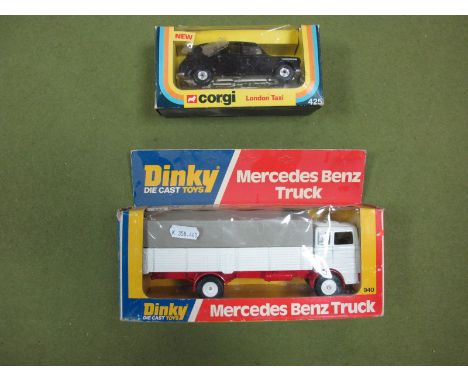 Two Boxed Diecast Vehicles, by Dinky, Corgi, circa late 1970's, Dinky #940 Mercedes Benz Truck, Corgi #425 London Taxi. Some 