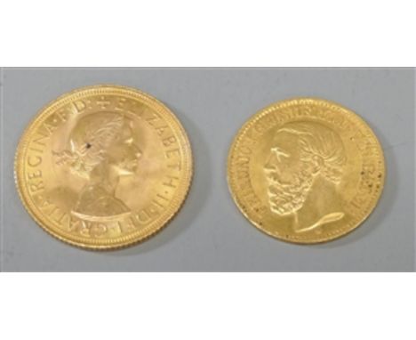 2 Goldmünzen10 Markstück Friedrich Großherzog von Baden und 1/2 Pfund Gold aus Sovereign, zusammen, 11,97g, 