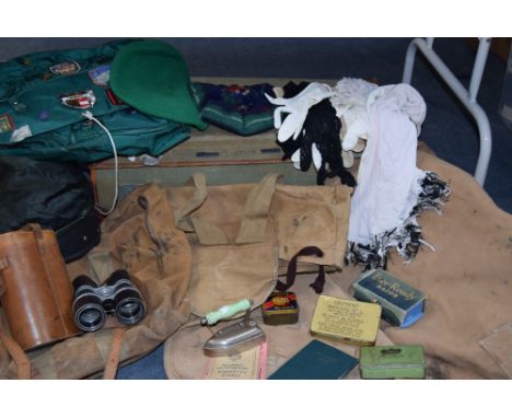 A PAIR OF AITCHISON & CO BINOCULARS 'The Sirdar' in leather case, a canvas kit bag, vintage tins and other items contained in