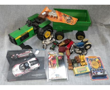 TONKA; A GREEN TRACTOR WITH TRAILER, a collection of matchbox and similar toys