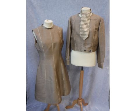 LOUIS FERAUD, LADIES VINTAGE DRESS & BOLERO JACKET, SIZE 12, the matching neck scarf with allover 'LF' decoration,circa 1960'